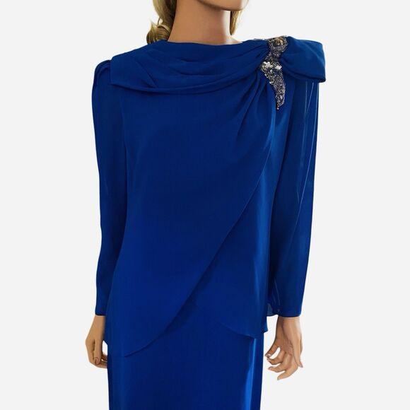 Vtg Dress 80s Long Sleeve Evening XLP Mother The Bride Modest Blue Sequins Midi - Picture 1 of 16